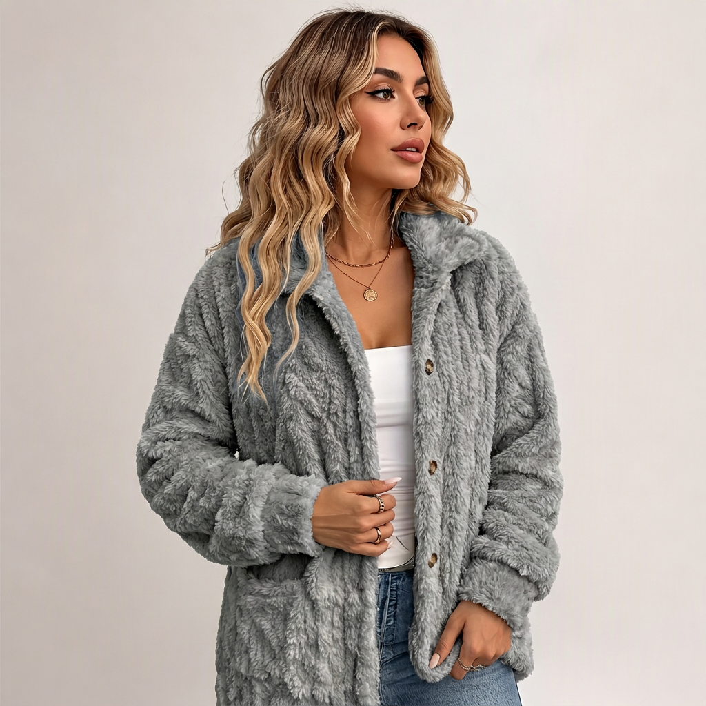 Veste décontractée en peluche pour femme avec boutonnage