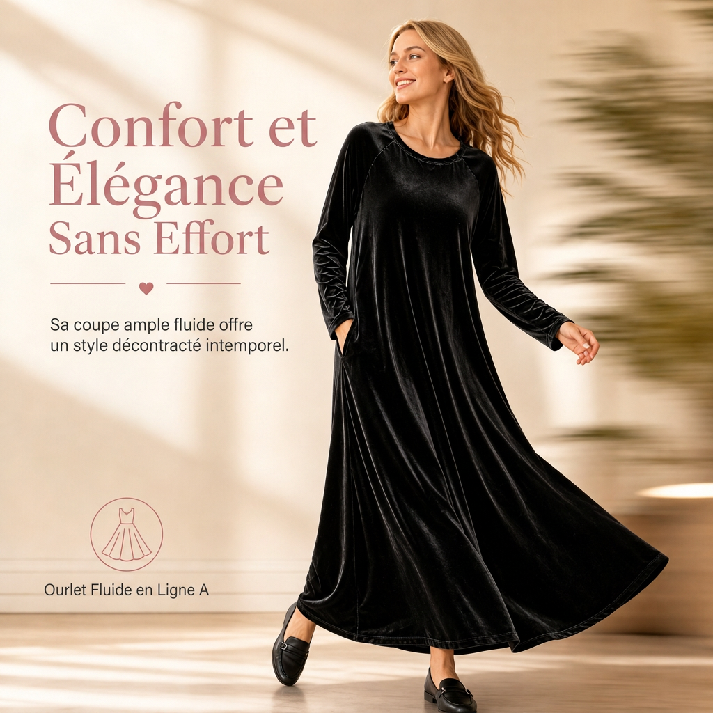 Robe décontractée en velours à col rond pour femme, avec poches