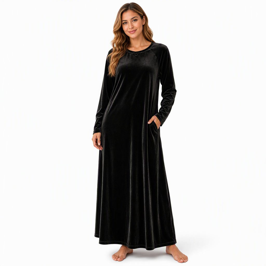 Robe décontractée en velours à col rond pour femme, avec poches