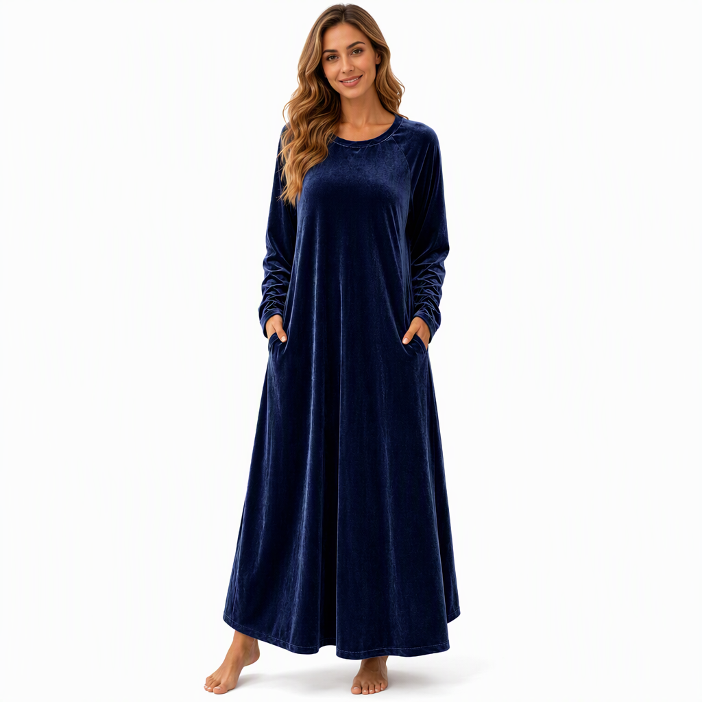 Robe décontractée en velours à col rond pour femme, avec poches