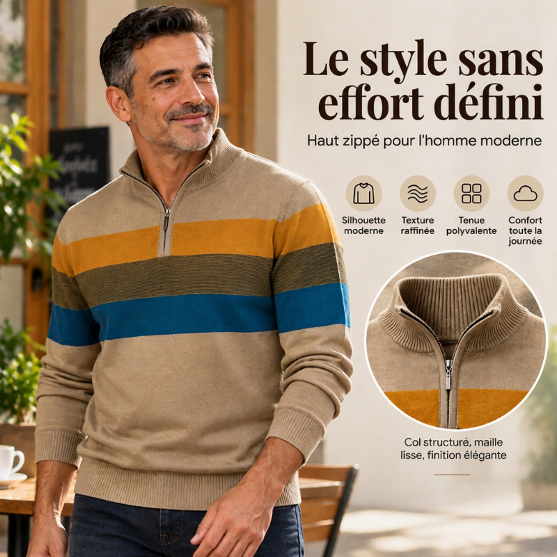Pull rayé demi-zip ajusté et décontracté pour homme