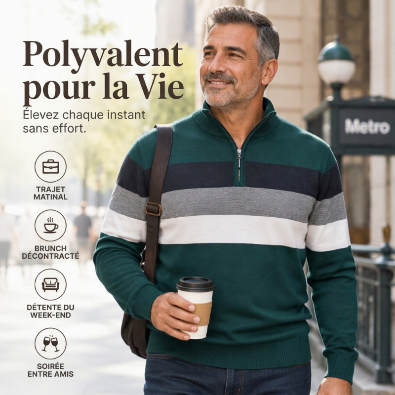 Pull rayé demi-zip ajusté et décontracté pour homme