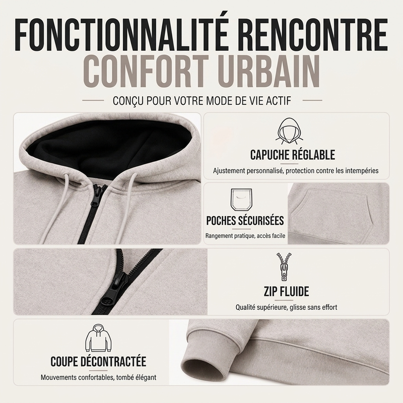 Pull à capuche zippé intégral pour homme, doublure chaude