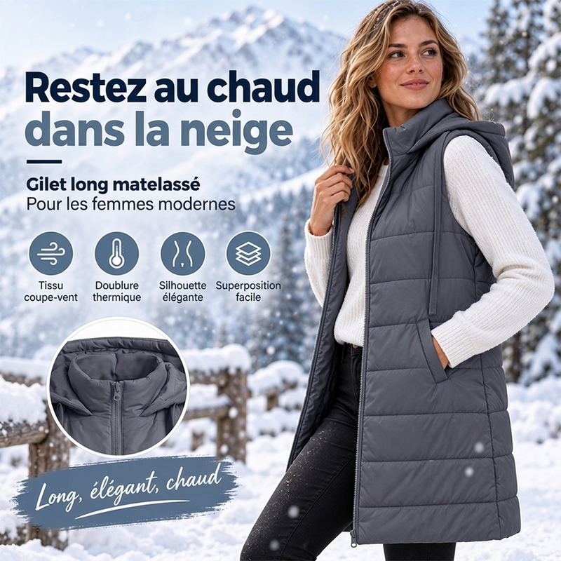Gilet matelassé à capuche mi-long pour femme