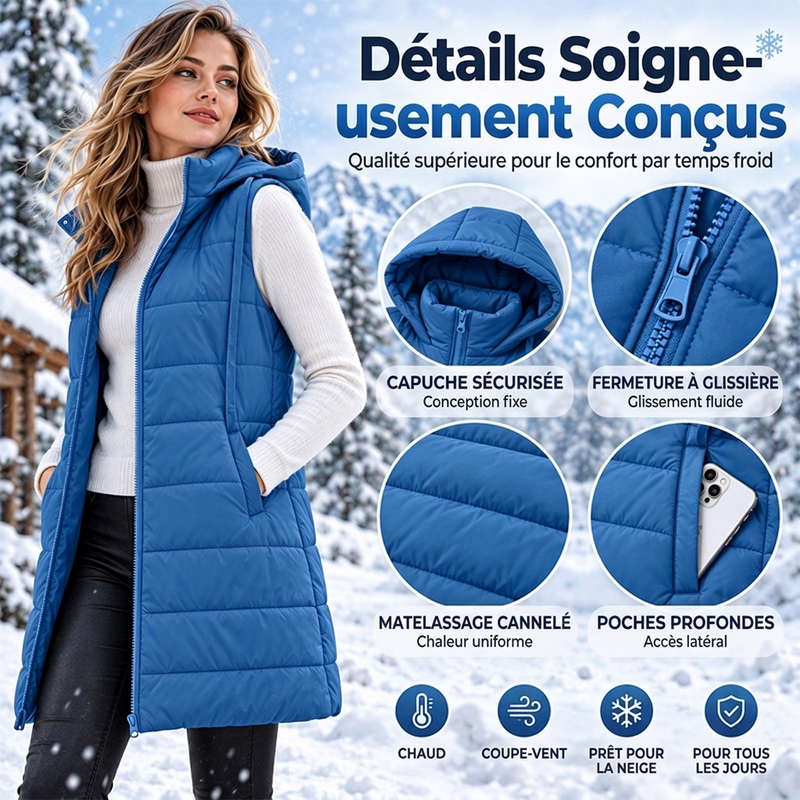 Gilet matelassé à capuche mi-long pour femme