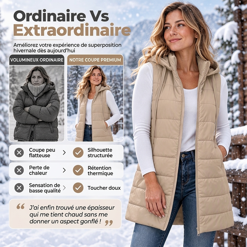 Gilet matelassé à capuche mi-long pour femme