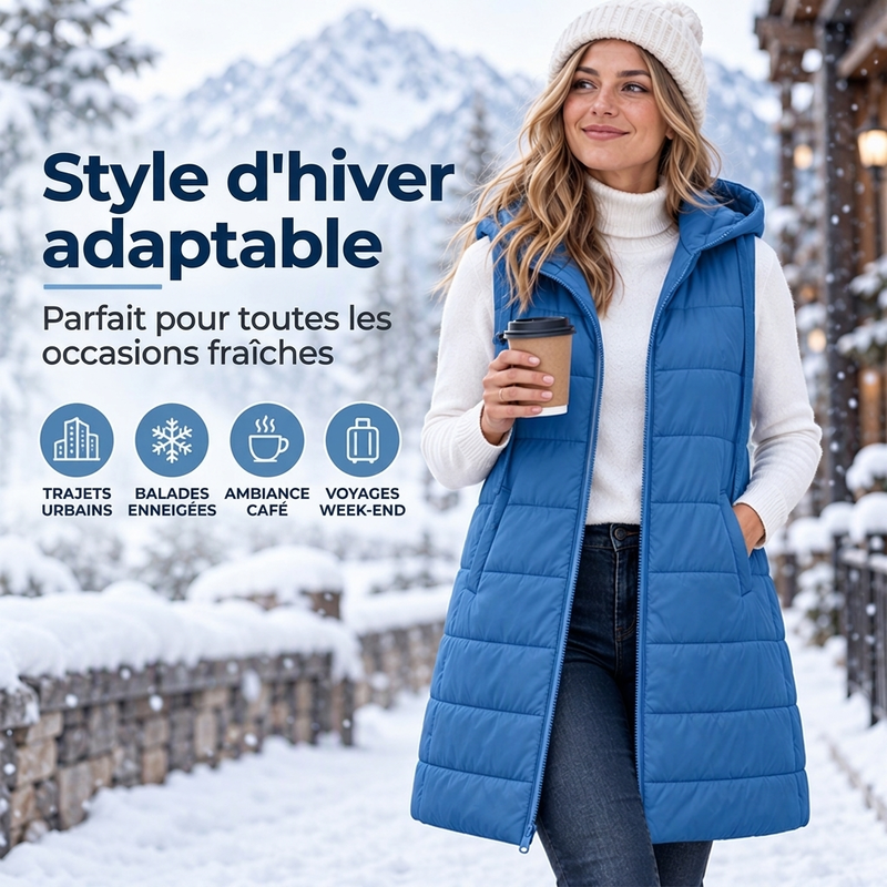 Gilet matelassé à capuche mi-long pour femme