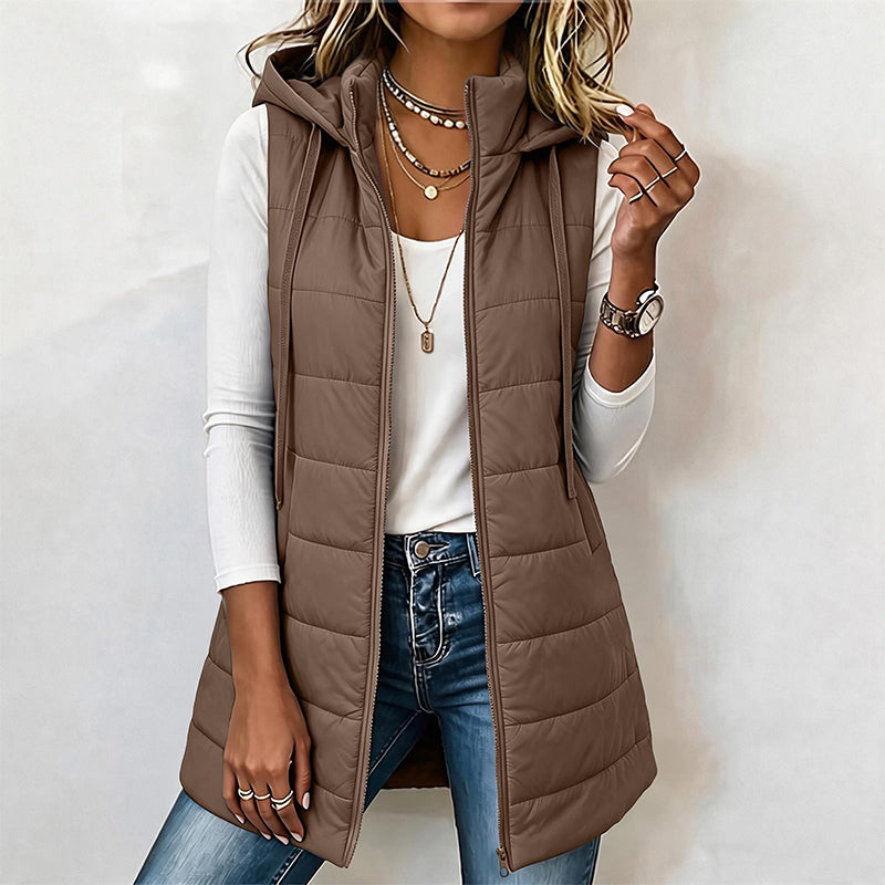 Gilet matelassé à capuche mi-long pour femme