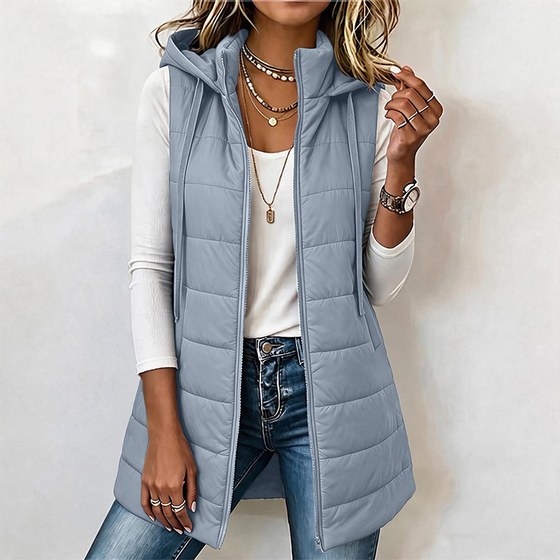 Gilet matelassé à capuche mi-long pour femme