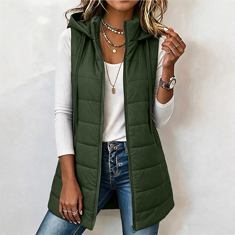 Gilet matelassé à capuche mi-long pour femme