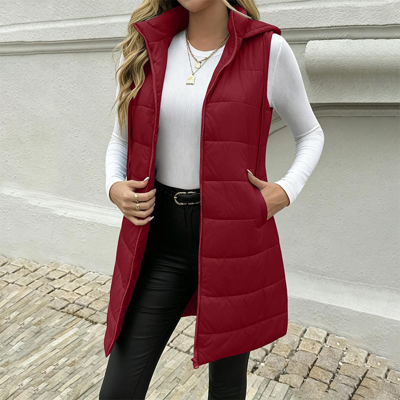 Gilet matelassé à capuche mi-long pour femme