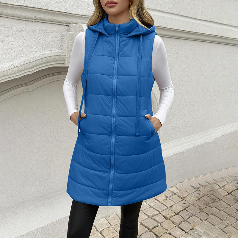 Gilet matelassé à capuche mi-long pour femme