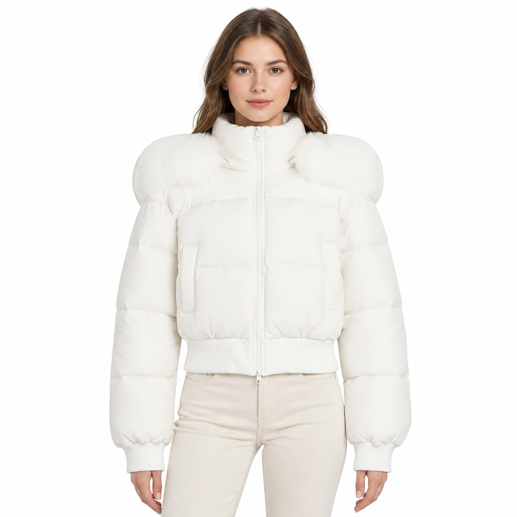 Manteau matelassé court à capuche pour femme, avec col en fourrure, pour l'hiver