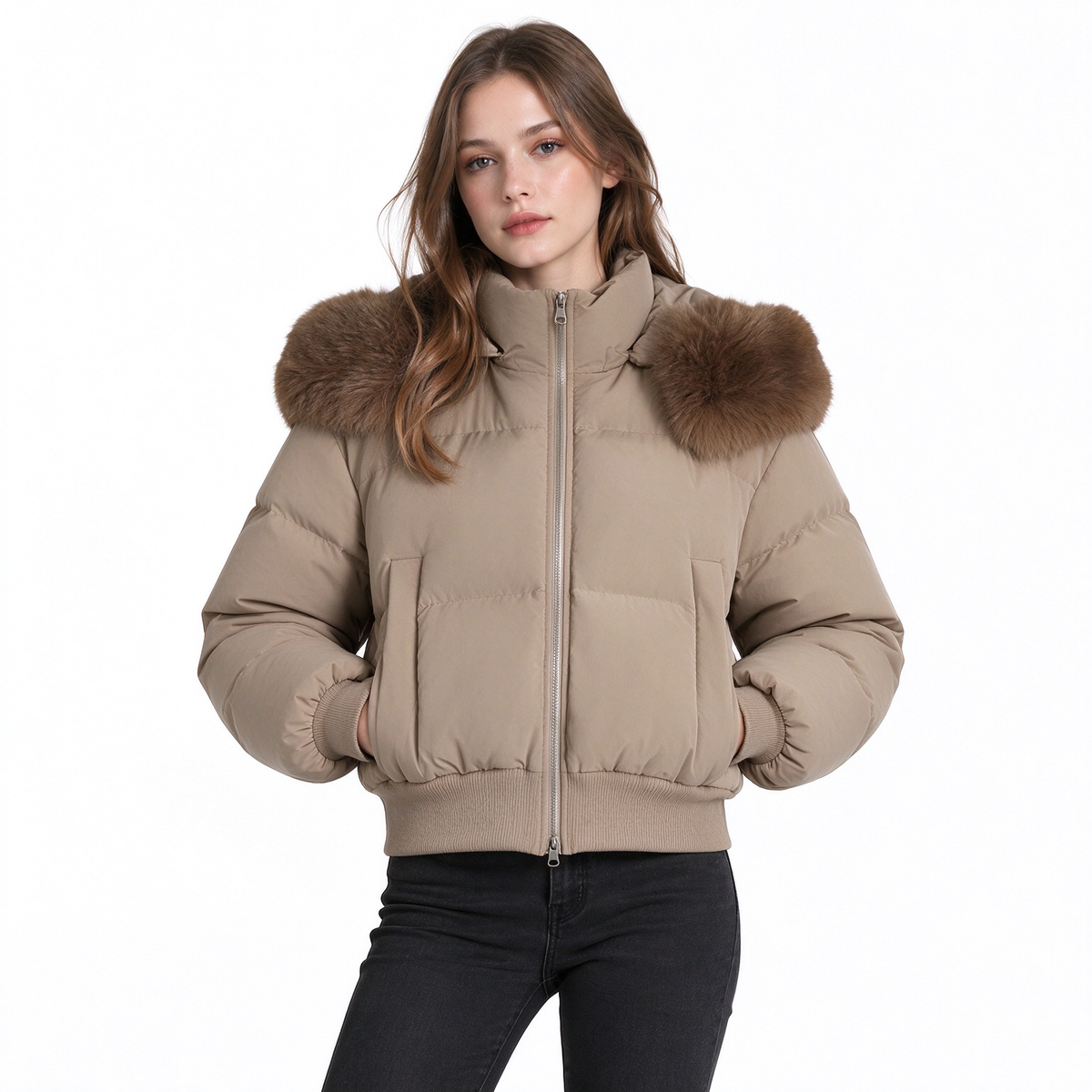 Manteau matelassé court à capuche pour femme, avec col en fourrure, pour l'hiver