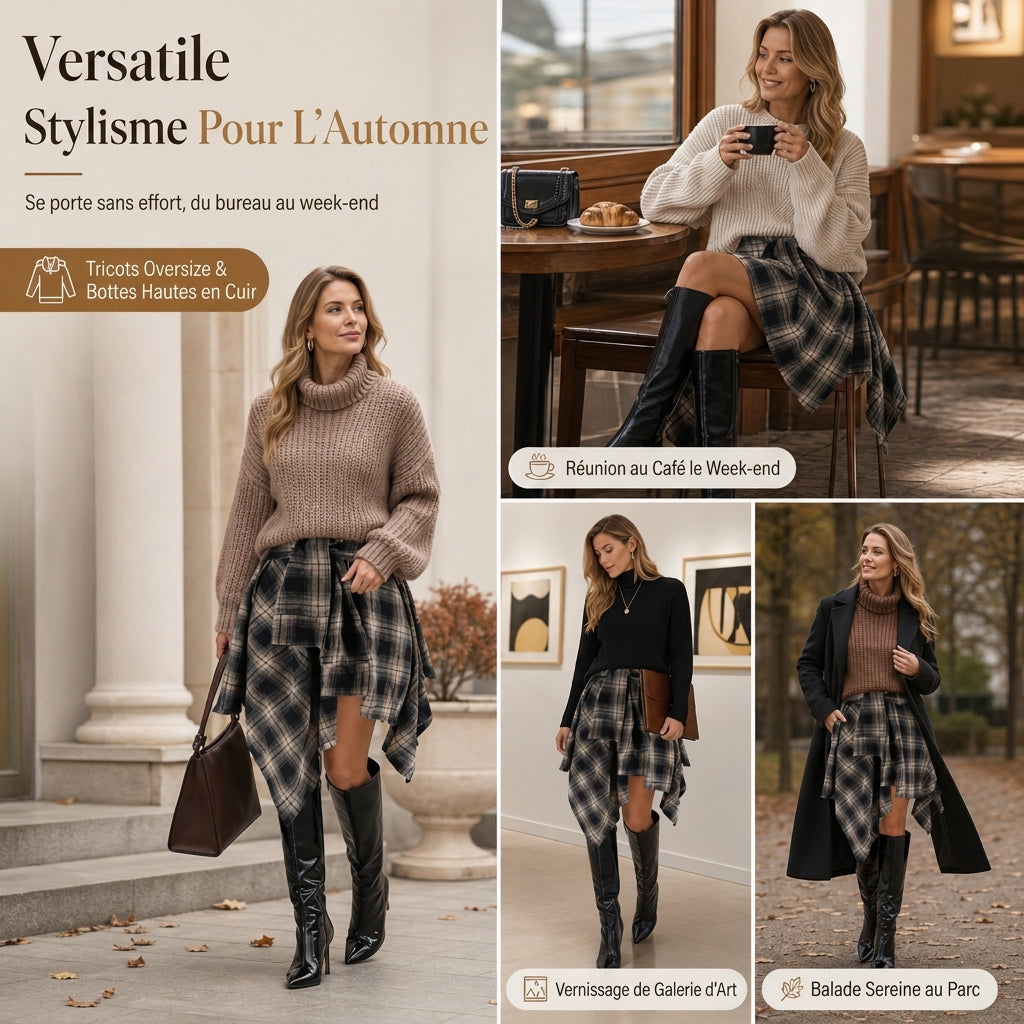 Jupe à carreaux patchwork asymétrique à taille haute pour femmes