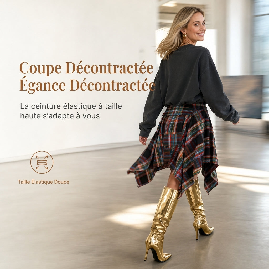 Jupe à carreaux patchwork asymétrique à taille haute pour femmes