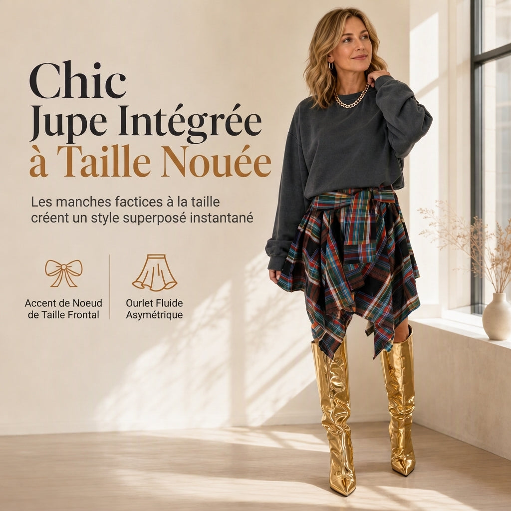 Jupe à carreaux patchwork asymétrique à taille haute pour femmes
