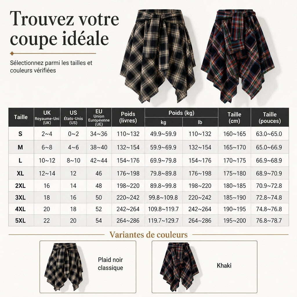 Jupe à carreaux patchwork asymétrique à taille haute pour femmes