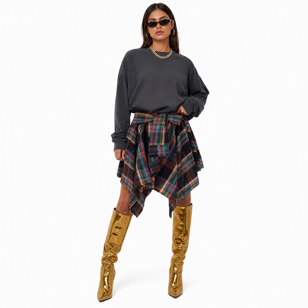 Jupe à carreaux patchwork asymétrique à taille haute pour femmes
