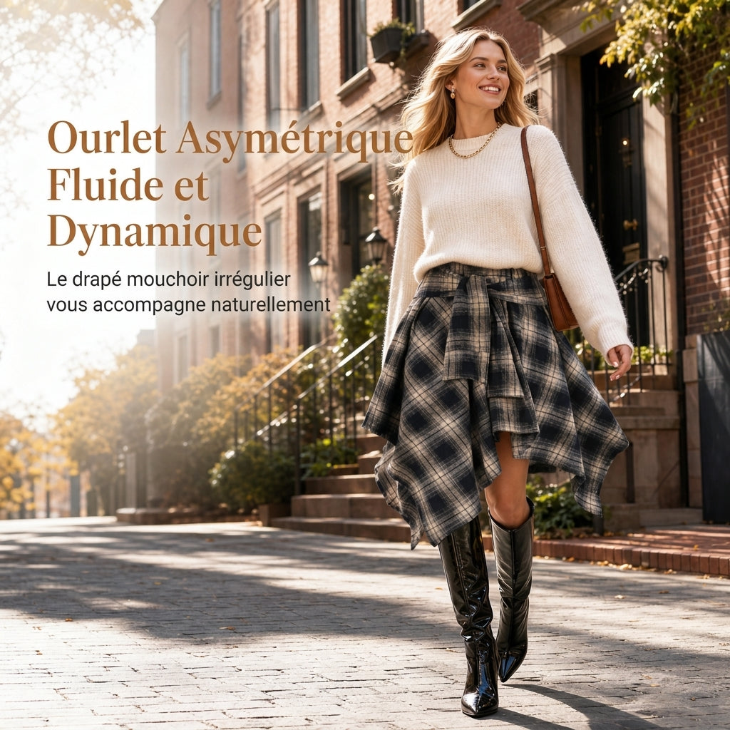 Jupe à carreaux patchwork asymétrique à taille haute pour femmes