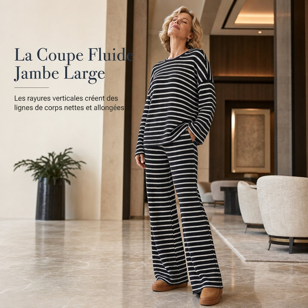 Ensemble de vêtements de détente pour femmes, haut à manches longues, col rond, rayé, décontracté et ample, avec pantalon à cordon de serrage