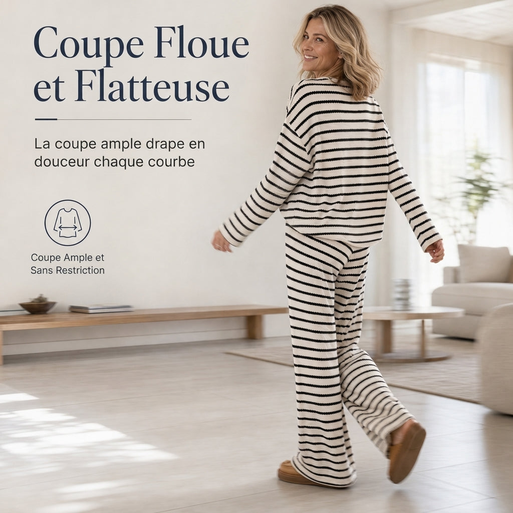 Ensemble de vêtements de détente pour femmes, haut à manches longues, col rond, rayé, décontracté et ample, avec pantalon à cordon de serrage