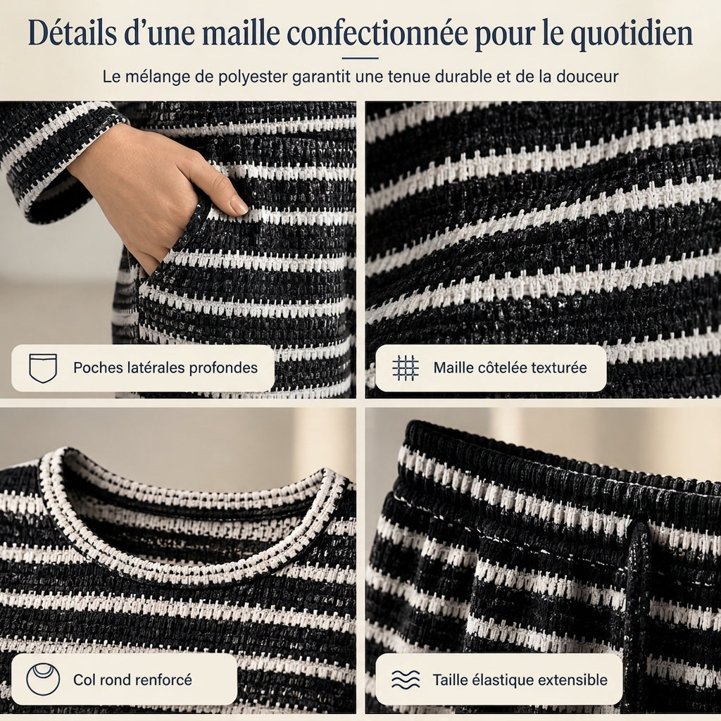 Ensemble de vêtements de détente pour femmes, haut à manches longues, col rond, rayé, décontracté et ample, avec pantalon à cordon de serrage