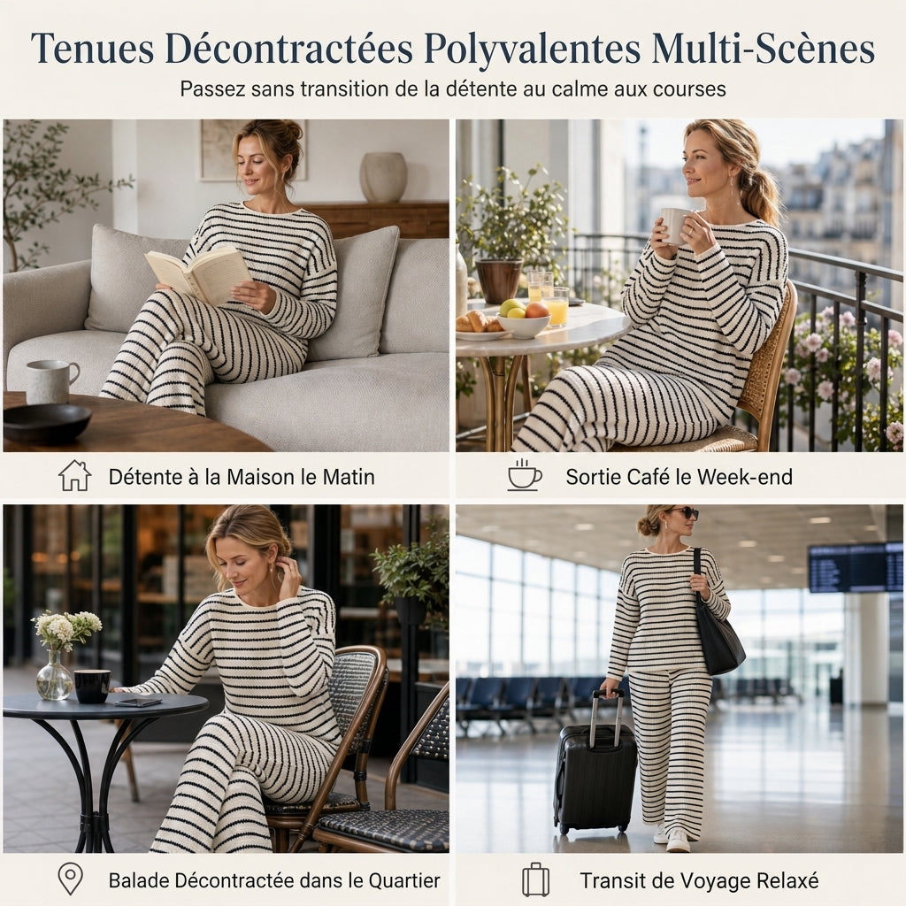 Ensemble de vêtements de détente pour femmes, haut à manches longues, col rond, rayé, décontracté et ample, avec pantalon à cordon de serrage