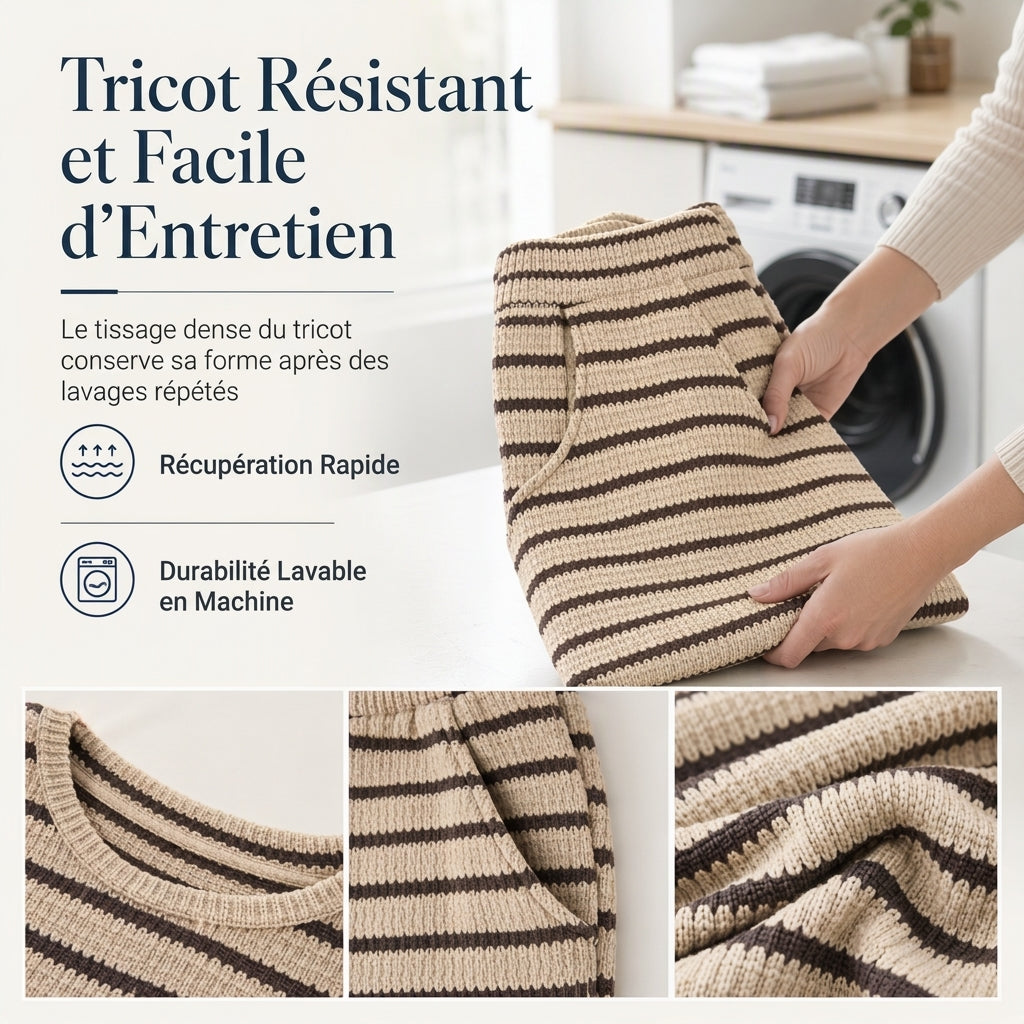 Ensemble de vêtements de détente pour femmes, haut à manches longues, col rond, rayé, décontracté et ample, avec pantalon à cordon de serrage