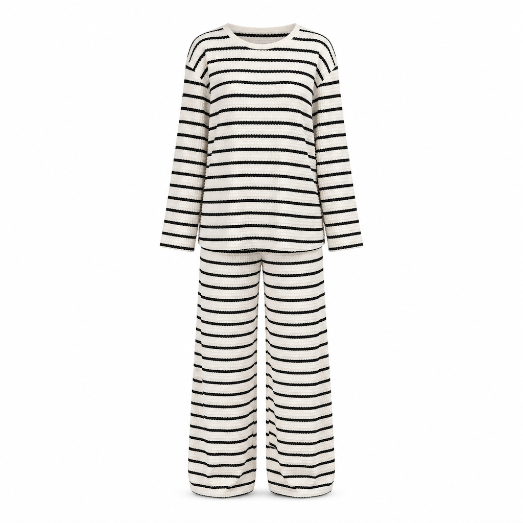 Ensemble de vêtements de détente pour femmes, haut à manches longues, col rond, rayé, décontracté et ample, avec pantalon à cordon de serrage