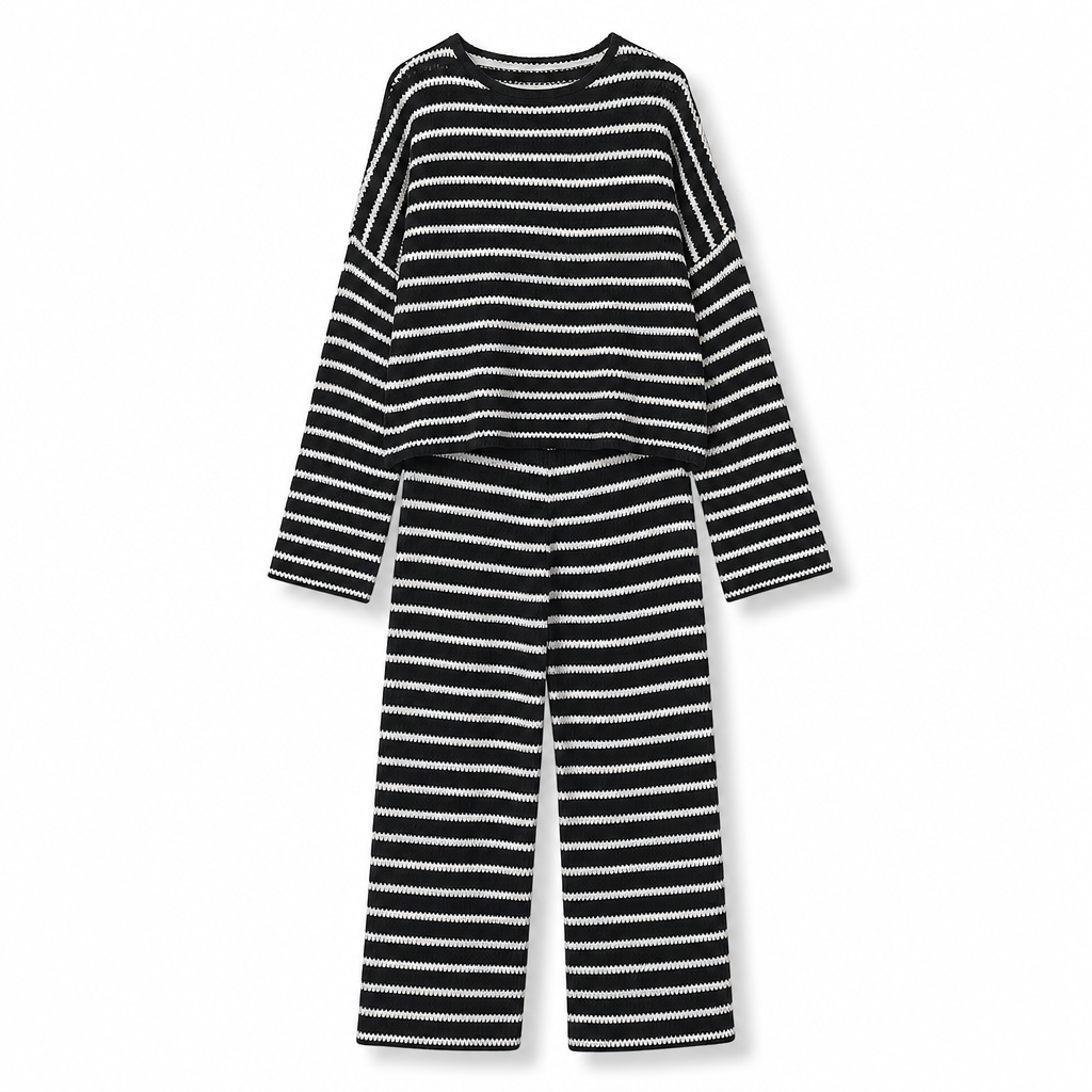 Ensemble de vêtements de détente pour femmes, haut à manches longues, col rond, rayé, décontracté et ample, avec pantalon à cordon de serrage