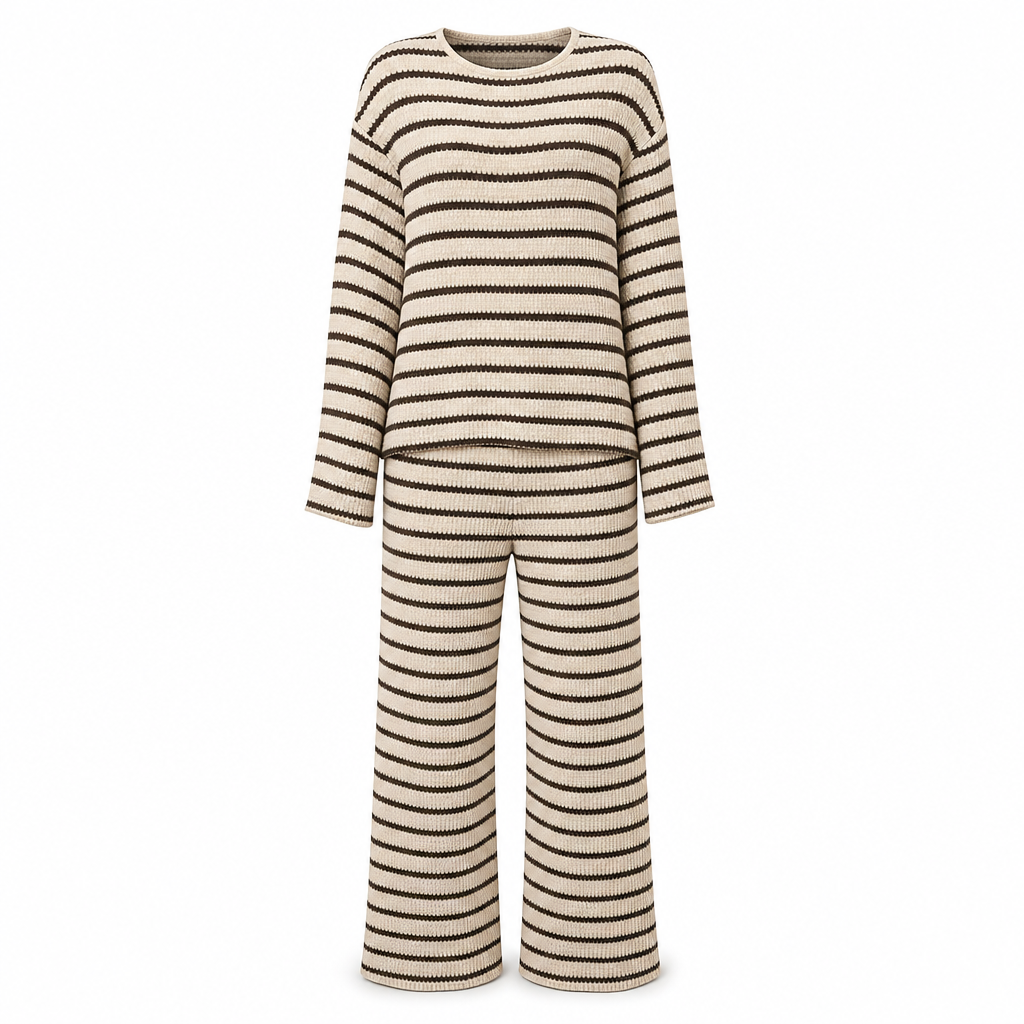 Ensemble de vêtements de détente pour femmes, haut à manches longues, col rond, rayé, décontracté et ample, avec pantalon à cordon de serrage