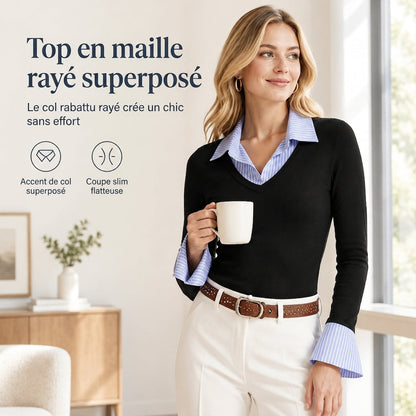 Pull en maille à rayures pour femmes, style préppy, effet deux pièces manches longues, ajusté, haut à enfiler