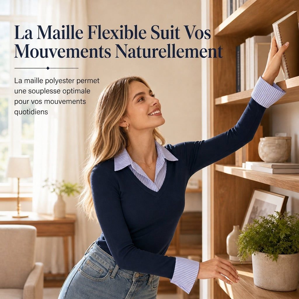 Pull en maille à rayures pour femmes, style préppy, effet deux pièces manches longues, ajusté, haut à enfiler