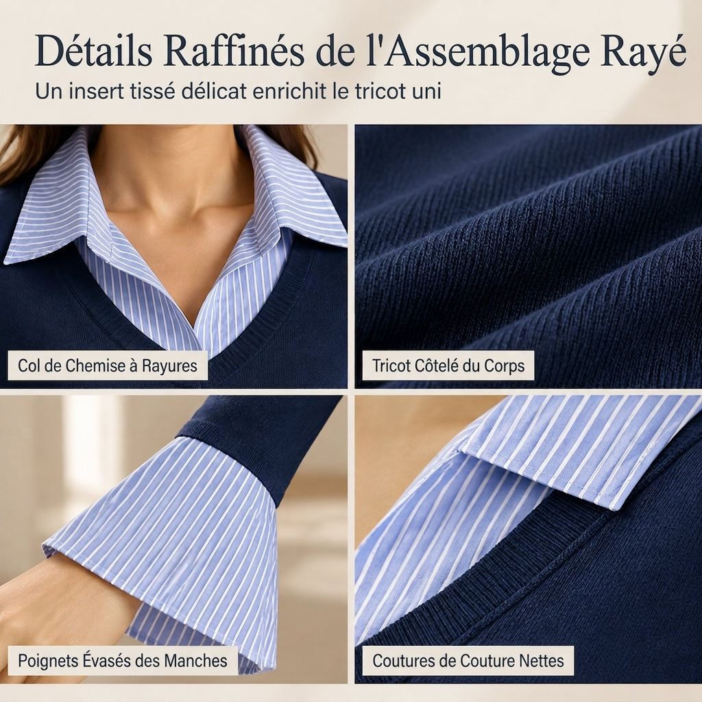 Pull en maille à rayures pour femmes, style préppy, effet deux pièces manches longues, ajusté, haut à enfiler