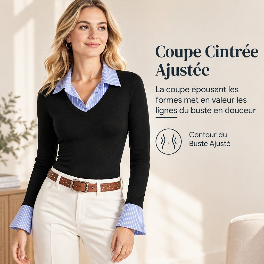 Pull en maille à rayures pour femmes, style préppy, effet deux pièces manches longues, ajusté, haut à enfiler