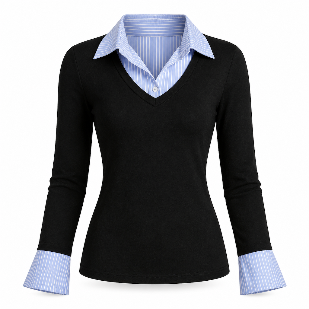 Pull en maille à rayures pour femmes, style préppy, effet deux pièces manches longues, ajusté, haut à enfiler