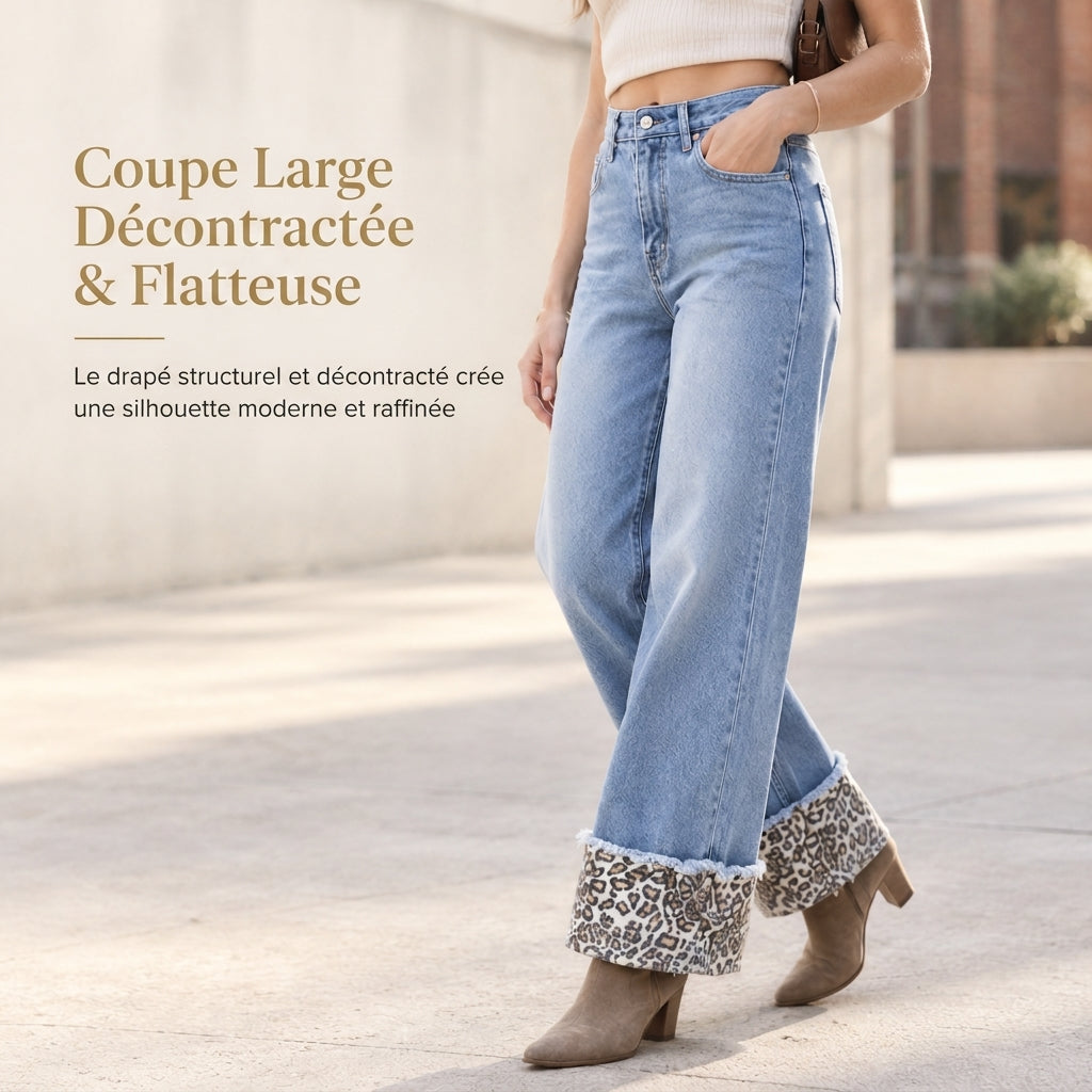 Jeans en denim bleu à imprimé léopard décontracté, lavé et extensible pour femme