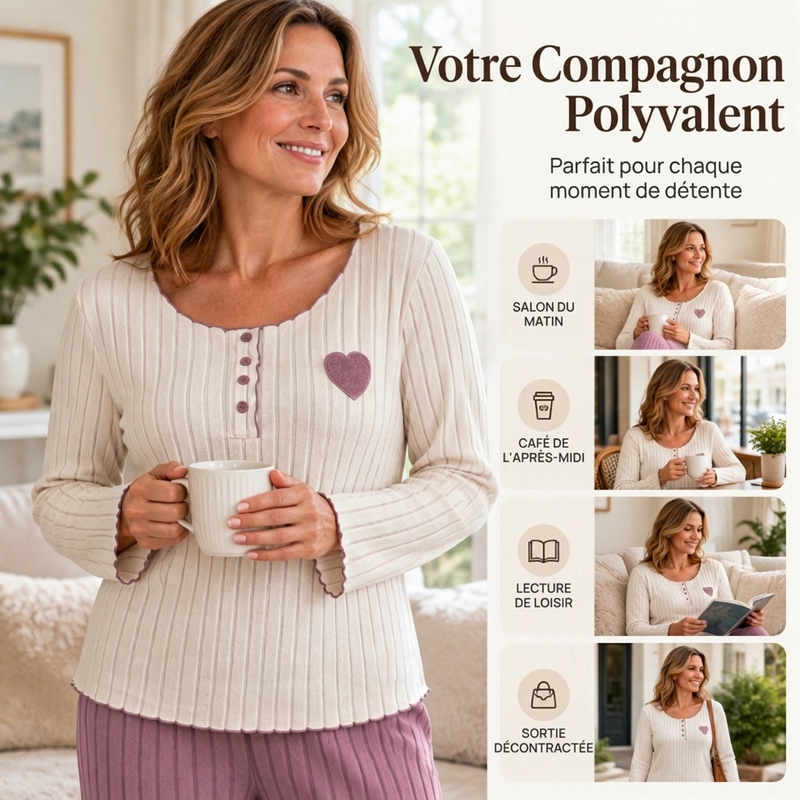 Ensemble de pyjama côtelé brodé de cœur pour femmes