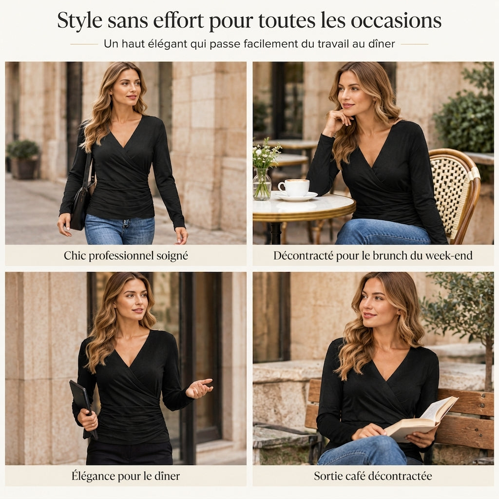Haut féminin ajusté col V manches longues avec taille froncée pour le printemps et l'automne