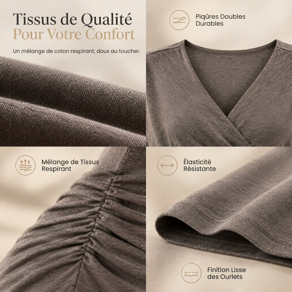 Haut féminin ajusté col V manches longues avec taille froncée pour le printemps et l'automne
