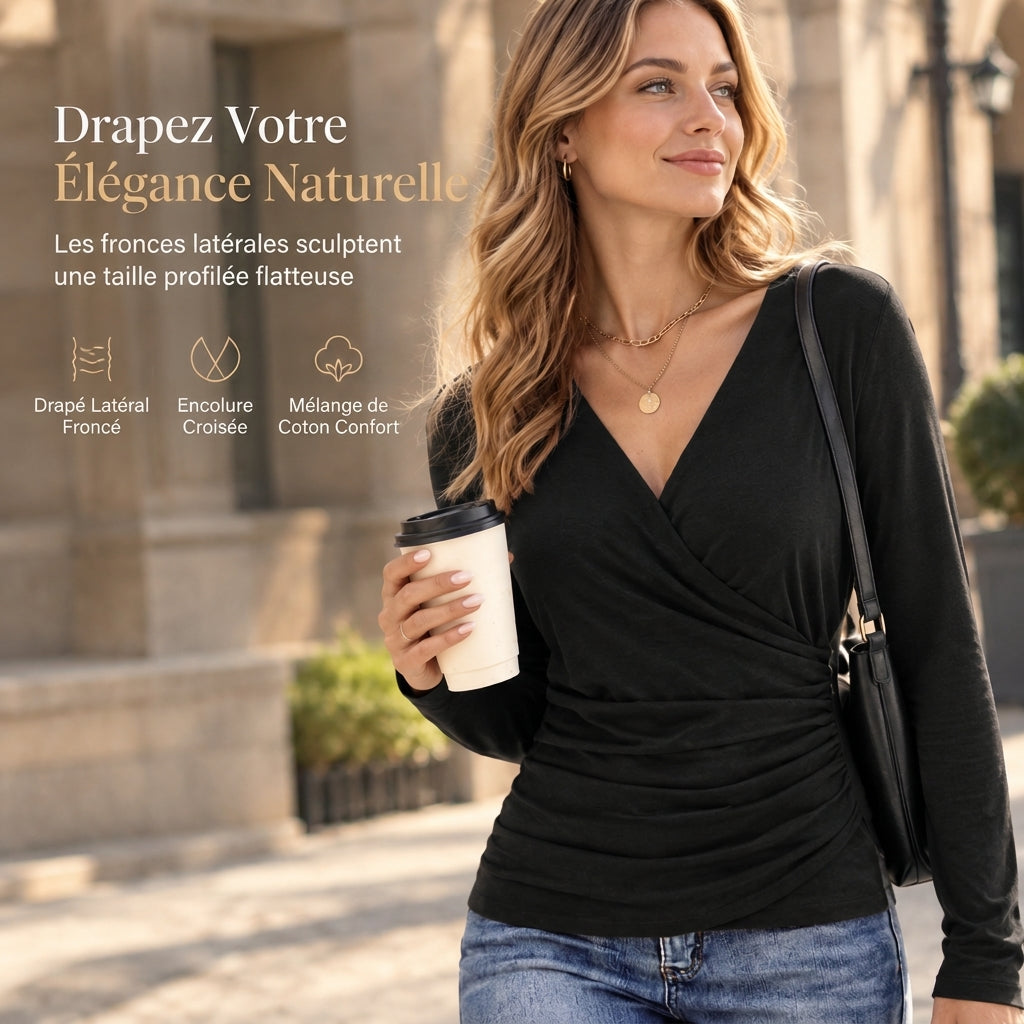 Haut féminin ajusté col V manches longues avec taille froncée pour le printemps et l'automne