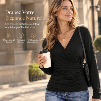 Haut féminin ajusté col V manches longues avec taille froncée pour le printemps et l'automne