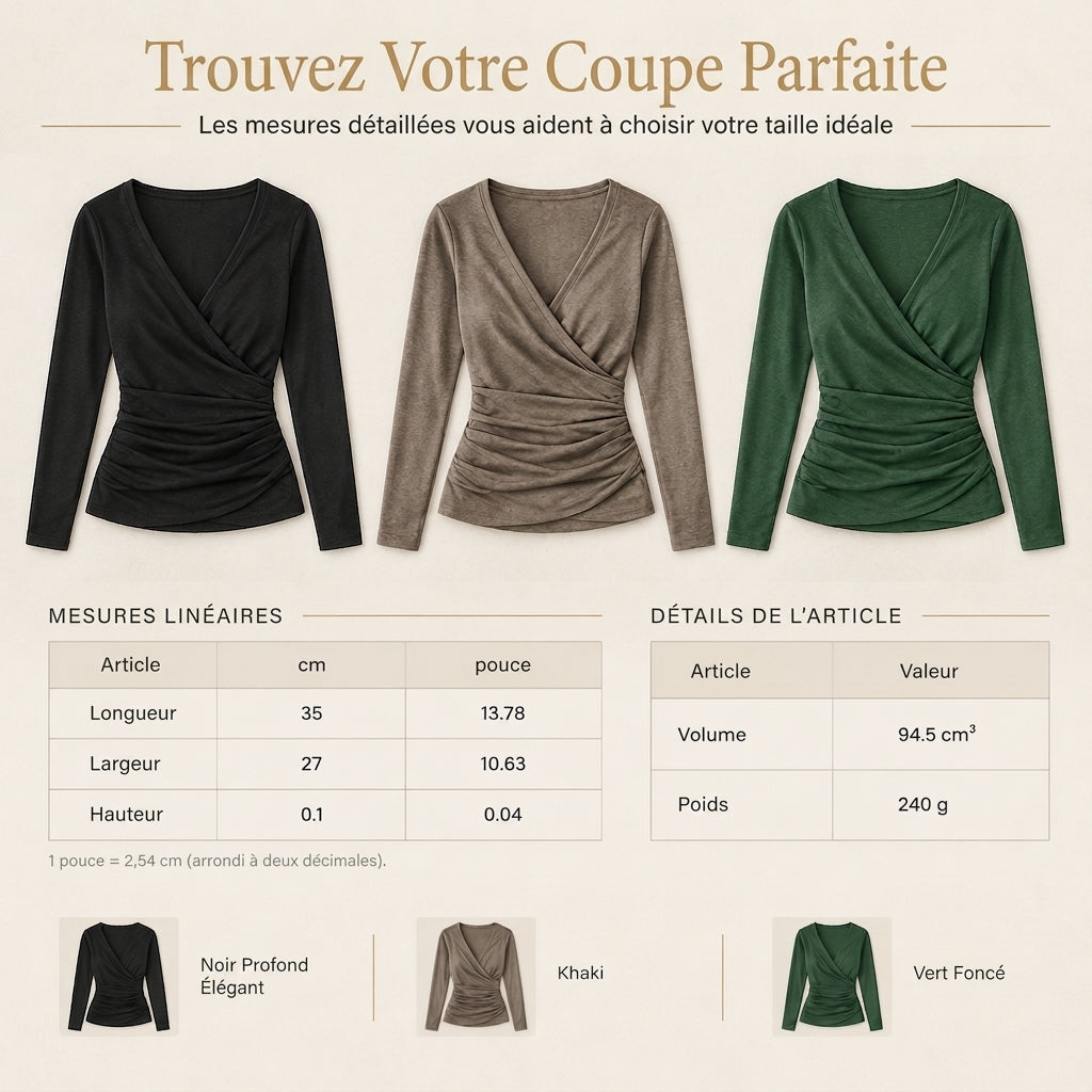 Haut féminin ajusté col V manches longues avec taille froncée pour le printemps et l'automne