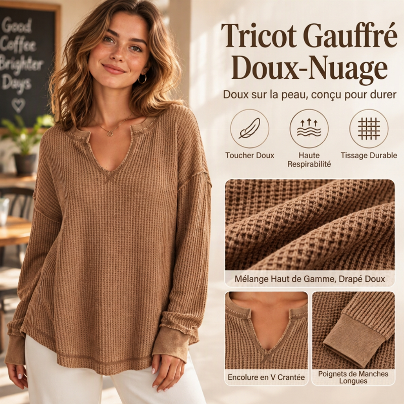 Haut en maille gaufrée à manches longues et col en V pour femmes