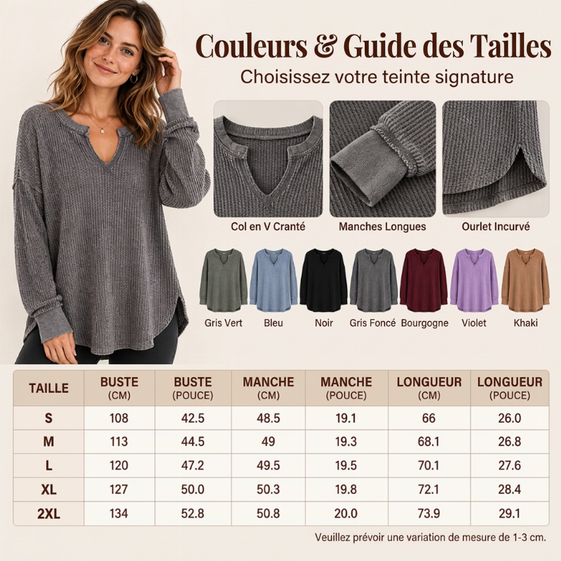 Haut en maille gaufrée à manches longues et col en V pour femmes