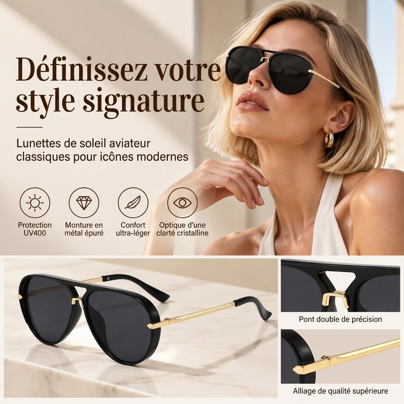 Lunettes de soleil aviateur rétro à double pont pour femmes