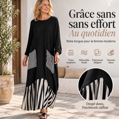 Robe longue maxi à manches longues et patchwork rayé pour femme