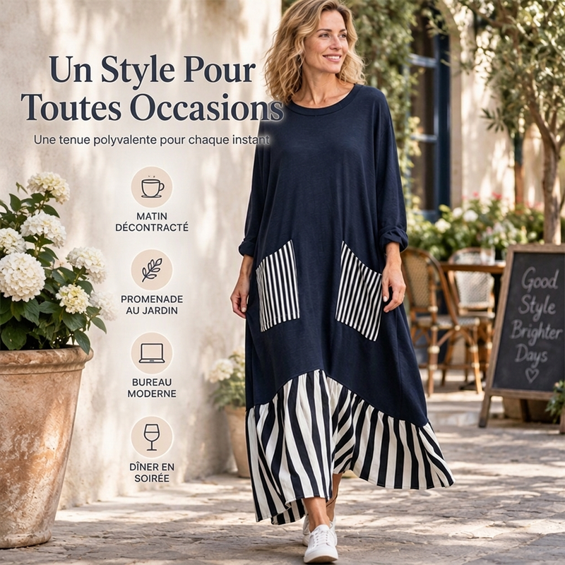 Robe longue maxi à manches longues et patchwork rayé pour femme
