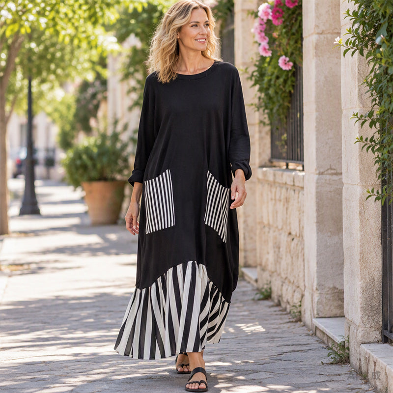 Robe longue maxi à manches longues et patchwork rayé pour femme